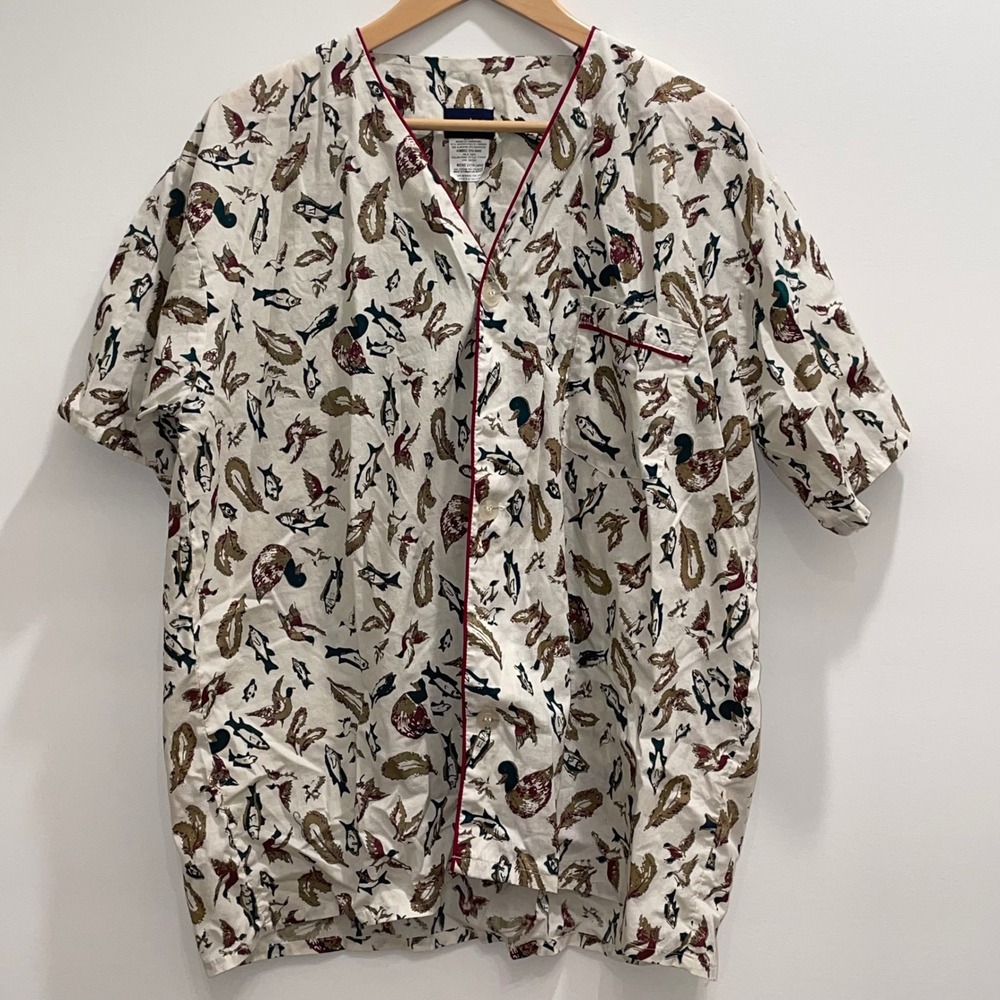 Puritan Mens XL Short Sleeve Button Up Shirt Duck Fish Feather Novelty Print Vtg